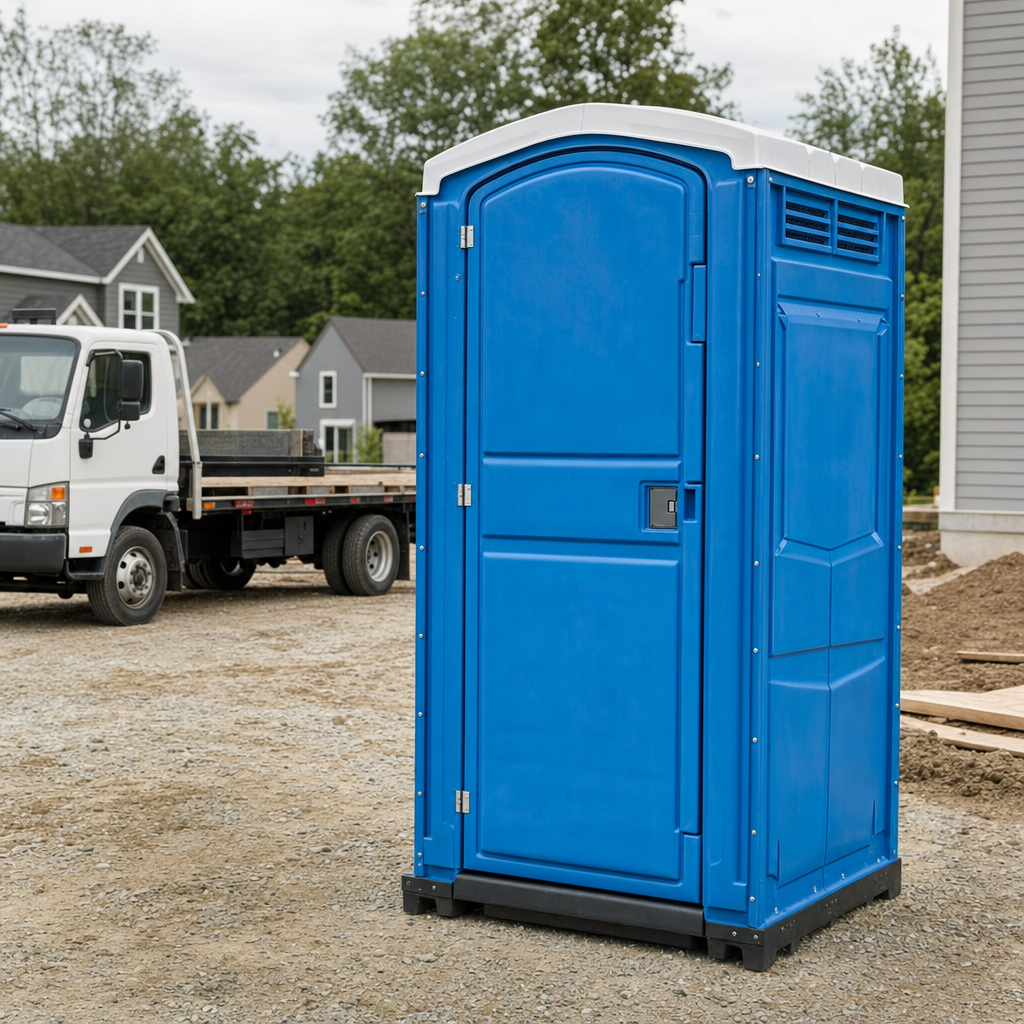 Delivery driver positioning a clean royal-blue portable toilet on level ground at a Mesa worksite