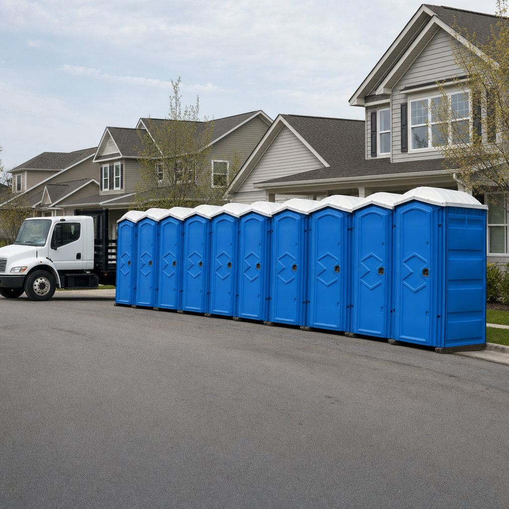 Royal blue portable toilets staged in a tidy row at a Mesa jobsite, ready for delivery